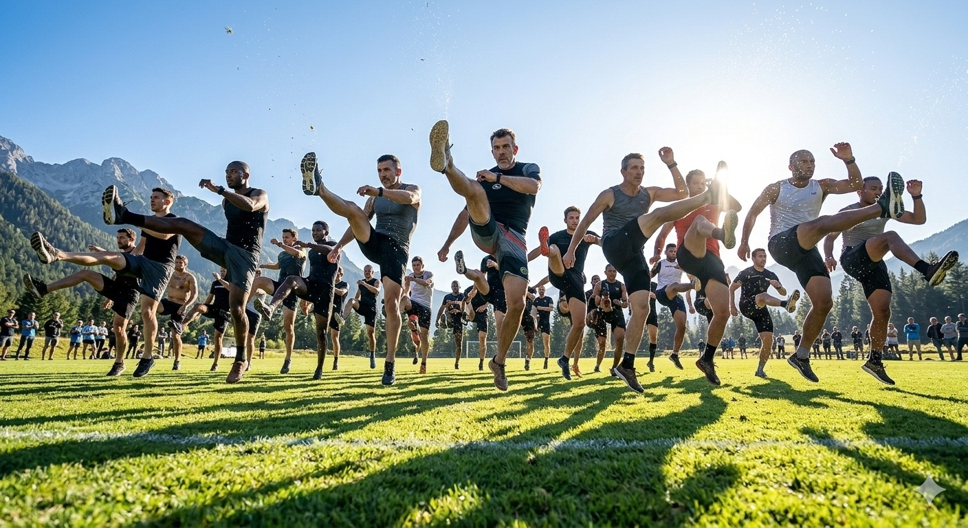Generate from Nano Banana2: A wide dynamic shot of diverse athletic men engaging in an outdoor synchronized aerobic workout on a sunny field, vivid cinematic lighting, energetic atmosphere, NO WOMAN image